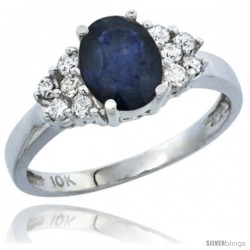10K White Gold Natural Blue Sapphire Ring Oval 8x6 Stone Diamond Accent