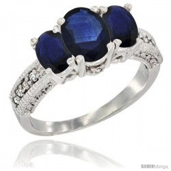 10K White Gold Ladies Oval Natural Blue Sapphire 3-Stone Ring Diamond Accent