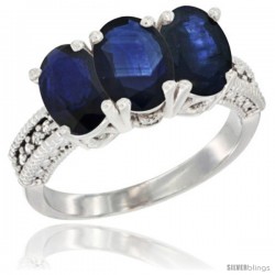 10K White Gold Natural Blue Sapphire Ring 3-Stone Oval 7x5 mm Diamond Accent