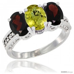 14K White Gold Natural Lemon Quartz & Garnet Sides Ring 3-Stone 7x5 mm Oval Diamond Accent