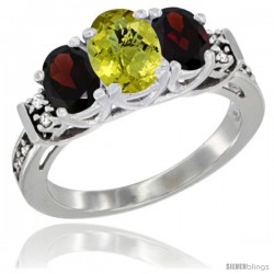 14K White Gold Natural Lemon Quartz & Garnet Ring 3-Stone Oval with Diamond Accent