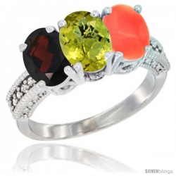 14K White Gold Natural Garnet, Lemon Quartz & Coral Ring 3-Stone 7x5 mm Oval Diamond Accent