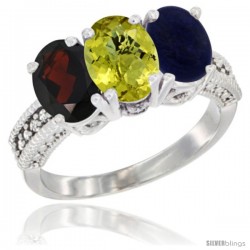 14K White Gold Natural Garnet, Lemon Quartz & Lapis Ring 3-Stone 7x5 mm Oval Diamond Accent