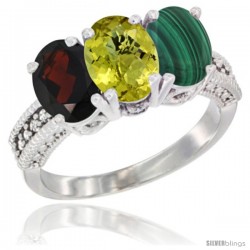 14K White Gold Natural Garnet, Lemon Quartz & Malachite Ring 3-Stone 7x5 mm Oval Diamond Accent