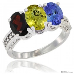 14K White Gold Natural Garnet, Lemon Quartz & Tanzanite Ring 3-Stone 7x5 mm Oval Diamond Accent