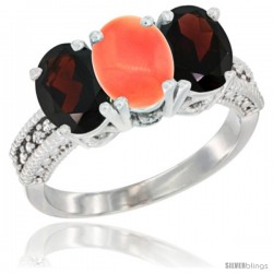 14K White Gold Natural Coral & Garnet Sides Ring 3-Stone 7x5 mm Oval Diamond Accent