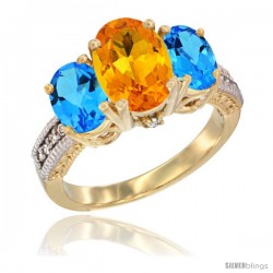 10K Yellow Gold Ladies 3-Stone Oval Natural Citrine Ring with Swiss Blue Topaz Sides Diamond Accent