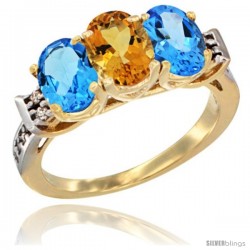 10K Yellow Gold Natural Citrine & Swiss Blue Topaz Sides Ring 3-Stone Oval 7x5 mm Diamond Accent