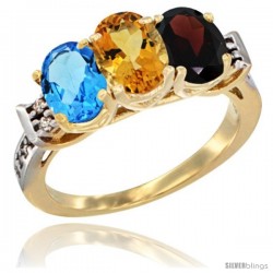 10K Yellow Gold Natural Swiss Blue Topaz, Citrine & Garnet Ring 3-Stone Oval 7x5 mm Diamond Accent