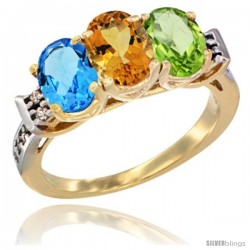 10K Yellow Gold Natural Swiss Blue Topaz, Citrine & Peridot Ring 3-Stone Oval 7x5 mm Diamond Accent