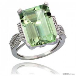 Sterling Silver Diamond Green-Amethyst Ring 12 ct Emerald Shape 16x12 Stone 3/4 in wide