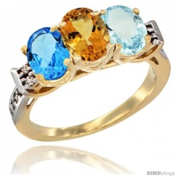 10K Yellow Gold Natural Swiss Blue Topaz, Citrine & Aquamarine Ring 3-Stone Oval 7x5 mm Diamond Accent