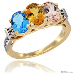 10K Yellow Gold Natural Swiss Blue Topaz, Citrine & Morganite Ring 3-Stone Oval 7x5 mm Diamond Accent