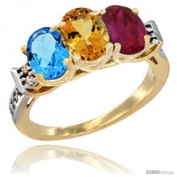 10K Yellow Gold Natural Swiss Blue Topaz, Citrine & Ruby Ring 3-Stone Oval 7x5 mm Diamond Accent