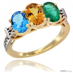 10K Yellow Gold Natural Swiss Blue Topaz, Citrine & Emerald Ring 3-Stone Oval 7x5 mm Diamond Accent