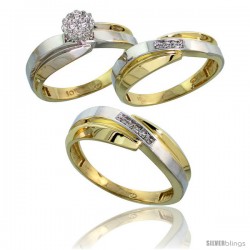 10k Yellow Gold Diamond Trio Engagement Wedding Ring 3-piece Set for Him & Her 7 mm & 6 mm wide 0.10 cttw Brilliant Cut