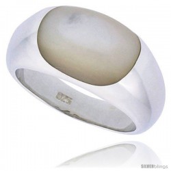 Sterling Silver Concaved Ladies' Ring w/ an Oval-shaped Mother of Pearl, 3/8" (10 mm) wide