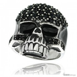 Surgical Steel Biker Skull Ring w/ Black CZ Covered Forehead & Cheeks