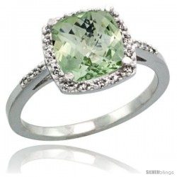 Sterling Silver Diamond Natural Green Amethyst Ring Ring 2.08 ct Cushion cut 8 mm Stone 1/2 in wide