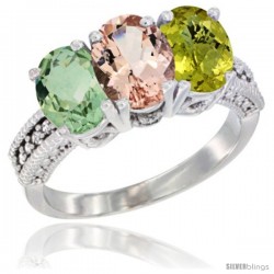 14K White Gold Natural Green Amethyst, Morganite & Lemon Quartz Ring 3-Stone 7x5 mm Oval Diamond Accent