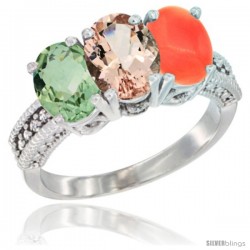 14K White Gold Natural Green Amethyst, Morganite & Coral Ring 3-Stone 7x5 mm Oval Diamond Accent