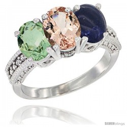 14K White Gold Natural Green Amethyst, Morganite & Lapis Ring 3-Stone 7x5 mm Oval Diamond Accent