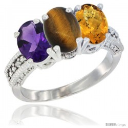 14K White Gold Natural Amethyst, Tiger Eye & Whisky Quartz Ring 3-Stone 7x5 mm Oval Diamond Accent