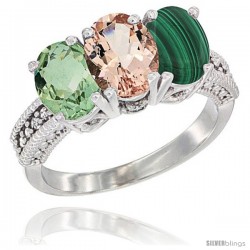 14K White Gold Natural Green Amethyst, Morganite & Malachite Ring 3-Stone 7x5 mm Oval Diamond Accent