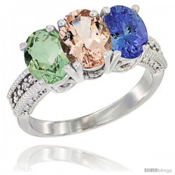 14K White Gold Natural Green Amethyst, Morganite & Tanzanite Ring 3-Stone 7x5 mm Oval Diamond Accent