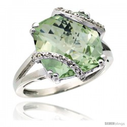 14k White Gold Diamond Green Amethyst Ring 7.5 ct Cushion Cut 12 mm Stone, 1/2 in wide