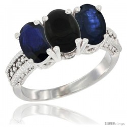 10K White Gold Natural Black Onyx & Blue Sapphire Ring 3-Stone Oval 7x5 mm Diamond Accent