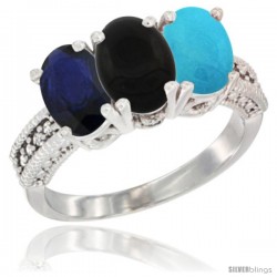 10K White Gold Natural Blue Sapphire, Black Onyx & Turquoise Ring 3-Stone Oval 7x5 mm Diamond Accent