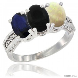 10K White Gold Natural Blue Sapphire, Black Onyx & Opal Ring 3-Stone Oval 7x5 mm Diamond Accent