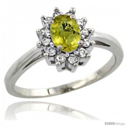 Sterling Silver Natural Lemon Quartz Diamond Halo Ring Oval Shape 1.2 Carat 6X4 mm, 1/2 in wide