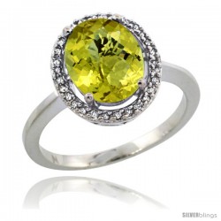 Sterling Silver Diamond Halo Natural Lemon Quartz Ring 2.4 carat Oval shape 10X8 mm, 1/2 in (12.5mm) wide