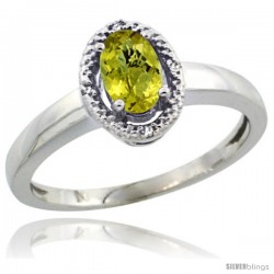 Sterling Silver Diamond Halo Natural Lemon Quartz Ring 0.75 Carat Oval Shape 6X4 mm, 3/8 in (9mm) wide