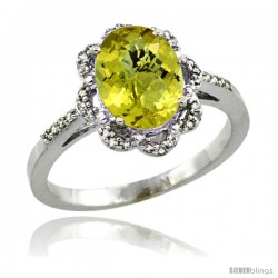 Sterling Silver Diamond Halo Natural Lemon Quartz Ring 1.65 Carat Oval Shape 9X7 mm, 7/16 in (11mm) wide