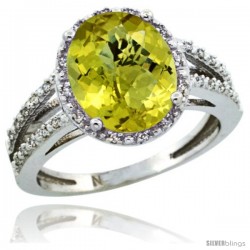 Sterling Silver Diamond Halo Natural Lemon Quartz Ring 2.85 Carat Oval Shape 11X9 mm, 7/16 in (11mm) wide