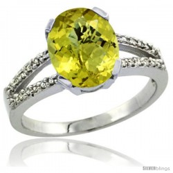 Sterling Silver and Diamond Halo Natural Lemon Quartz Ring 2.4 carat Oval shape 10X8 mm, 3/8 in (10mm) wide