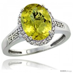 Sterling Silver Diamond Natural Lemon Quartz Ring 2.4 ct Oval Stone 10x8 mm, 1/2 in wide