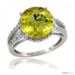 Sterling Silver Diamond Natural Lemon Quartz Ring 5.25 ct Round Shape 11 mm, 1/2 in wide