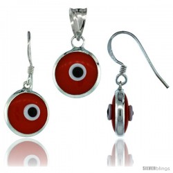 Sterling Silver Orange Color Evil Eye Pendant & Earrings Set