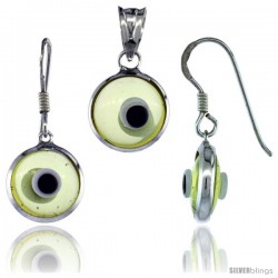 Sterling Silver Translucent Light Yellow Color Evil Eye Pendant & Earrings Set