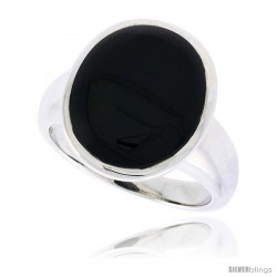 Sterling Silver Ladies' Ring w/ an Oval-shaped Jet Stone, 3/4" (19 mm) wide