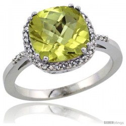 Sterling Silver Diamond Natural Lemon Quartz Ring 3.05 ct Cushion Cut 9x9 mm, 1/2 in wide