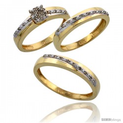 14k Gold 3-Piece Trio His (3.5mm) & Hers (3.5mm) Diamond Wedding Band Set, w/ 0.30 Carat Brilliant Cut Diamonds