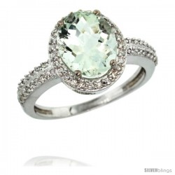 Sterling Silver Diamond Natural Green Amethyst Ring Ring Oval Stone 10x8 mm 2.4 ct 1/2 in wide