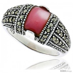 Sterling Silver Oxidized Dome Ring w/ Pink Mother of Pearl, 3/8" (10 mm) wide