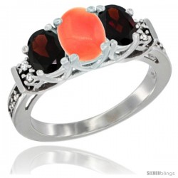 14K White Gold Natural Coral & Garnet Ring 3-Stone Oval with Diamond Accent