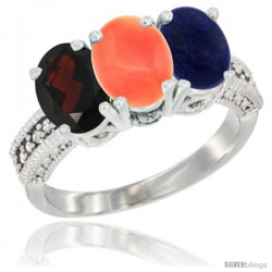 14K White Gold Natural Garnet, Coral & Lapis Ring 3-Stone 7x5 mm Oval Diamond Accent